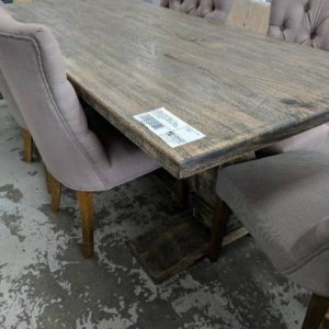 EX DISPLAY 9 PIECE DINING SETTING TIMBER DINING TABLE 2300MM X 1000MM WITH 8 BUTTON BACK UPHOLSTERED DINING CHAIRS SOLD AS IS