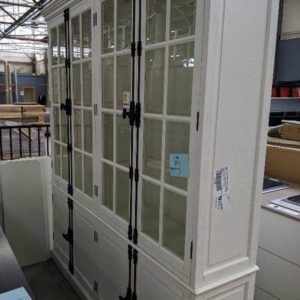 BRAND NEW DESIGNER MONTBLANC WHITE BUFFETT AND HUTCH WITH FOUR DOORS IN THE BASE AND 4 GLASS DOORS IN THE HUTCH 2180MM X 460MM DEEP X 2350MM RRP$4599