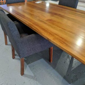 BRAND NEW DESIGNER BALFOUR AUSTRALIAN TAS BLACKWOOD DINING TABLE WITH S/STEEL LEGS 2700MM X 1100MM WITH 10 BALFOUR CARVER DINING CHAIRS IN BLACK CAVIAR FABRIC RRP$7000