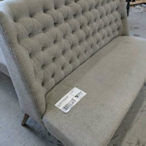 EX HIRE BEIGE HIGH BACK BUTTON BACK UPHOLSTERED 2 SEATER BENCH SEAT SOLD AS IS