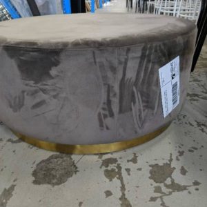 EX HIRE - LARGE GREY VELVET ROUND OTTOMAN WITH GOLD BASE SOLD AS IS
