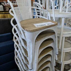 EX HIRE - WHITE METAL DINING CHAIR WITH TIMBER SEAT SOLD AS IS
