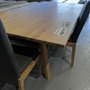 BRAND NEW DESIGNER EUROPEAN OAK ROSETTE DINING TABLE 2400MM X 1200MM WITH 8 CHAIRS IN GREY PU RRP$4100