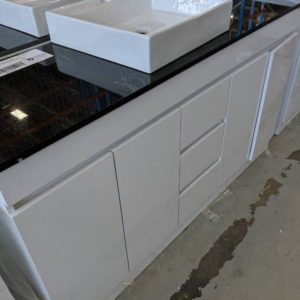 NEW 1500MM WHITE GLOSS VANITY WITH STONE BENCH TOP AND ABOVE COUNTER BOWL