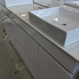 NEW 1800MM DOUBLE BOWL WHITE GLOSS VANITY WITH STONE BENCH TOP AND ABOVE COUNTER BOWLS