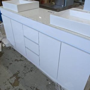 NEW 1800MM DOUBLE BOWL WHITE GLOSS VANITY WITH STONE BENCH TOP AND ABOVE COUNTER BOWLS