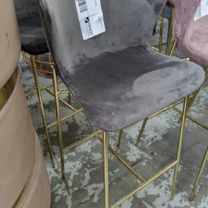 EX HIRE GREY VELVET BAR STOOL WITH GOLD LEGS SOLD AS IS