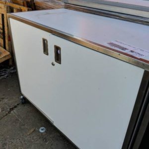 EX HIRE WHITE LOCKABLE STORAGE CABINET ON WHEELS SOLD AS IS