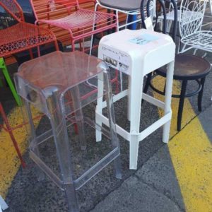 EX HIRE PAIR OF STOOLS 1 CLEAR 1 WHITE SOLD AS IS