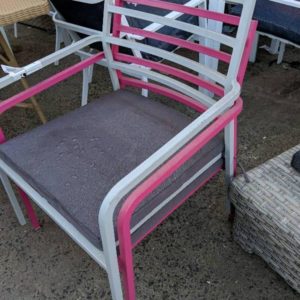 EX HIRE PAIR OF METAL OUTDOOR CHAIRS 1 PINK & 1 GREY SOLD AS IS
