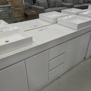 1800MM GLOSS WHITE DOUBLE BOWL VANITY WITH WHITE STONE TOP AND 2 ABOVE COUNTER BOWLS