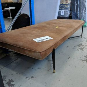 EX HIRE TAN SUEDE MATERIAL EXTRA LARGE BENCH SEAT WITH METAL LEGS SOLD AS IS
