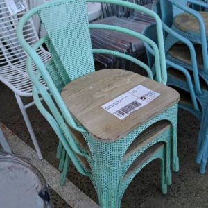 EX HIRE MINT GREEN METAL CHAIR WITH TIMBER SEAT SOLD AS IS
