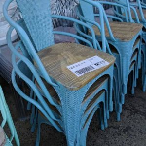 EX HIRE LIGHT BLUE METAL CHAIR WITH TIMBER SEAT SOLD AS IS