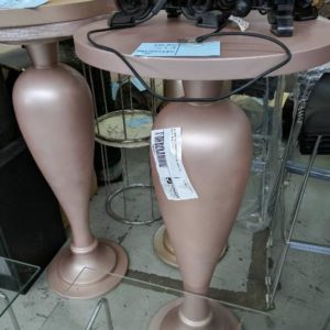 EX HIRE TALL ORNATE PINK DISPLAY/BAR TABLE SOLD AS IS