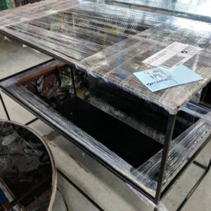 EX HIRE BLACK FRAME RECTANGLE COFFEE TABLE WITH GLASS TOP SOLD AS IS