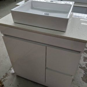 NEW 750MM WHITE GLOSS VANITY WITH STONE BENCH TOP AND ABOVE COUNTER BOWL