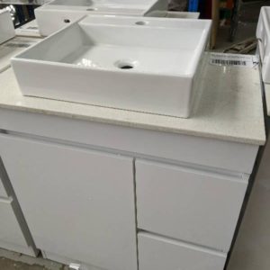 NEW 750MM WHITE GLOSS VANITY WITH STONE BENCH TOP AND ABOVE COUNTER BOWL