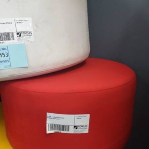 EX HIRE - LARGE RED ROUND OTTOMAN SOLD AS IS