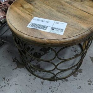 EX HIRE TIMBER ROUND LOW SIDE TABLE WITH METAL OPEN FRAME SOLD AS IS