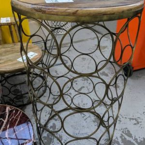 EX HIRE TIMBER ROUND TALL BAR TABLE WITH METAL OPEN FRAME SOLD AS IS
