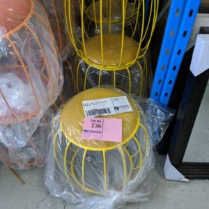 EX HIRE YELLOW LOW CAGE STOOL WITH PADDED SEAT SOLD AS IS