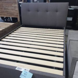 EX DISPLAY AVELON QUEEN BED FRAME  GREY UPHOLSTERED SOLD AS IS