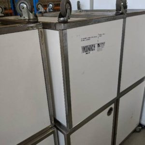 EX HIRE WHITE & S/STEEL STORAGE CABINET ON WHEELS SOLD AS IS
