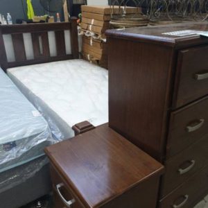 EX DISPLAY TIMBER KING SINGLE BEDROOM SUITE KING SINGLE TIMBER BED FRAME WITH KING SINGLE MATTRESS TALL BOY AND BEDSIDE TABLE