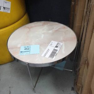 EX HIRE WHITE FAUX STONE LOW ROUND SIDE TABLE SOLD AS IS