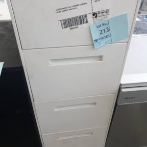 EX HIRE WHITE TALL 4 DRAWER LOCKABLE FILING CABINET SOLD AS IS