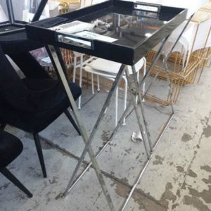 EX HIRE TALL BLACK TRAY TABLE ON CHROME LEGS SOLD AS IS