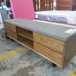 BRAND NEW DESIGNER EUROPEAN OAK AMAROO 4 DRAWER ENTERTAINMENT UNIT WITH 4 DRAWERS WITH CONCRETE TOP RRP$1699