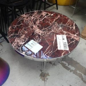 EX HIRE BURGUNDY FAUX STONE LOW LARGE ROUND SIDE TABLE SOLD AS IS