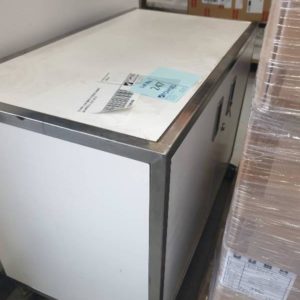 EX HIRE LOW WHITE STORAGE CABINET ON WHEELS SOLD AS IS