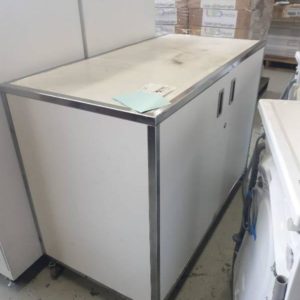 EX HIRE LARGE WHITE STORAGE CABINET ON WHEELS SOLD AS IS