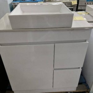 750MM WHITE GLOSS VANITY CABINET WITH WHITE STONE TOP AND ABOVE COUNTER BOWL