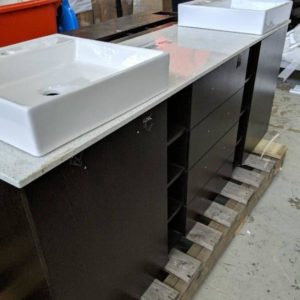 1800MM DOUBLE BOWL VANITY WENGE CABINET WITH STONE TOP AND BOWLS RRP$1970