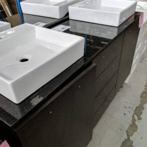 1500MM SINGLE BOWL VANITY WENGE CABINET WITH STONE TOP AND BOWLS RRP$1750 ***CABINET HAS BROKEN SUPPORT RAIL SOLD AS IS***