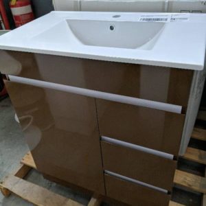 DOVER 750MM GLOSS COFFEE VANITY WITH FINGER PULL DOORS AND DRAWERS WITH WHITE CERAMIC TOP
