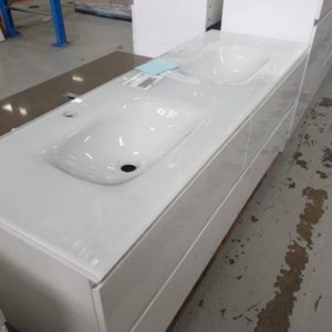 1500MM WALL HUNG VANITY WITH 4 DRAWERS AND WHITE GLASS DOUBLE BOWL VANITY TOP