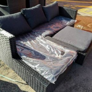 EX DISPLAY 3 SEATER RATTAN COUCH WITH CHAISE AND OTTOMAN SOLD AS IS