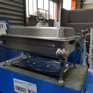 EX HIRE COMMERCIAL CHAFING DISH WITH WOODEN HANDLES SOLD AS IS