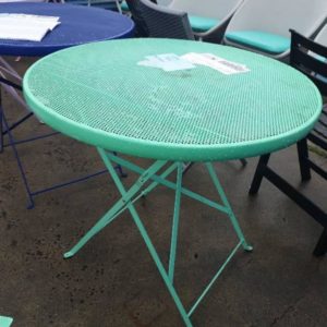 EX HIRE GREEN LOW METAL FOLDING TABLE SOLD AS IS