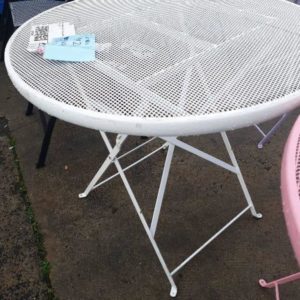 EX HIRE WHITE LOW METAL FOLDING TABLE SOLD AS IS