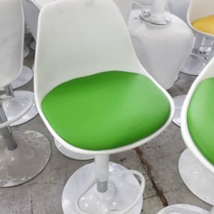 EX-HIRE WHITE GAS LIFT BAR STOOL WITH GREEN CUSHION SOLD AS IS