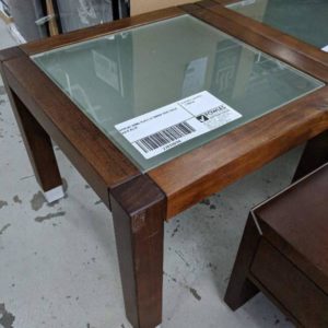DISPLAY HOME GLASS & TIMBER SIDE TABLE SOLD AS IS