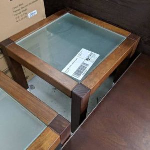 DISPLAY HOME GLASS & TIMBER SIDE TABLE SOLD AS IS