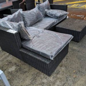 DARK GREY RATTAN OUTDOOR COUCH WITH CHAISE WITH OTTOMAN (NO CUSHION) SOLD AS IS