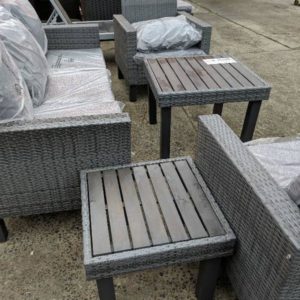 GREY RATTAN 5 PIECE OUTDOOR SETTING WITH COUCH AND 2 ARM CHAIRS WITH SIDE TABLE AND COFFEE TABLE SOLD AS IS